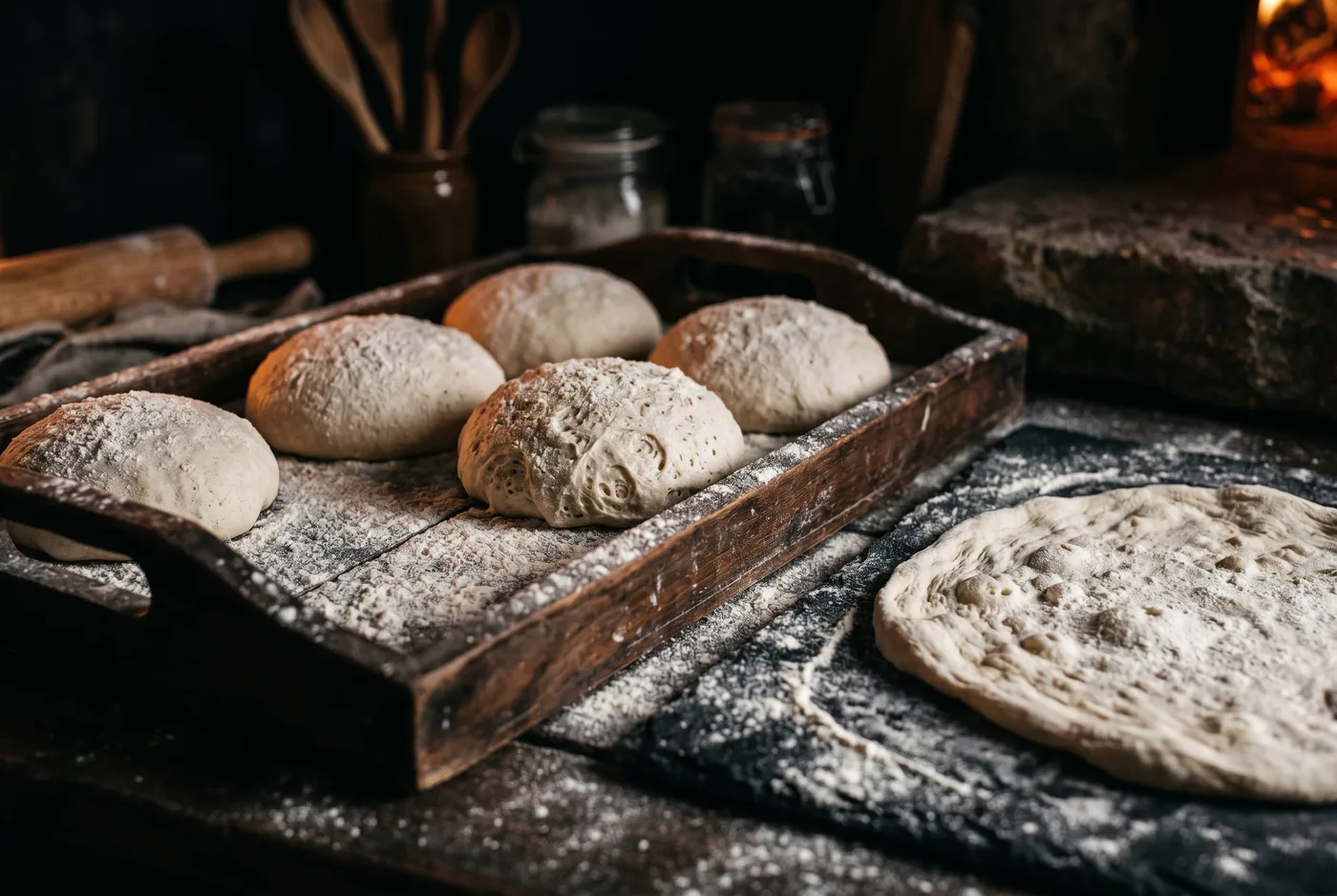 Pâte à pizza maturée 48 heures, étalée à la main sur un plan de travail fariné.