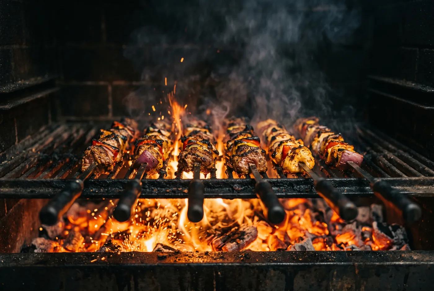 Brochettes de kebab retournées au-dessus de la braise de chêne, fumée montant du grill.