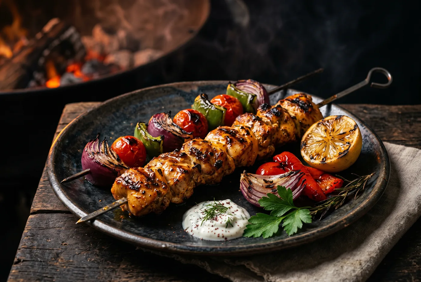 Assiette Brochette de Poulet — Servi avec blé ou frites et salade